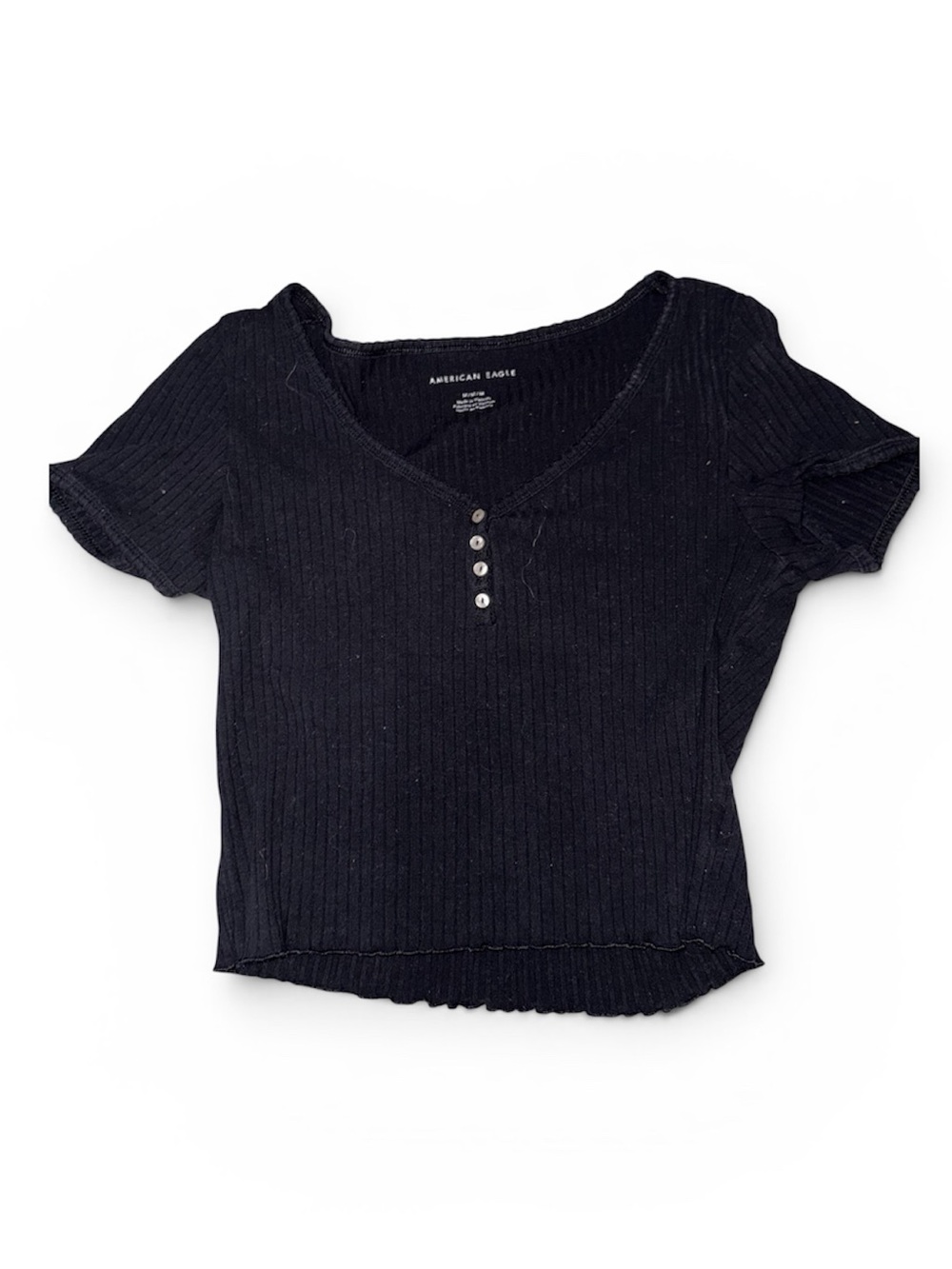 American Eagle Outfitters Black Ribbed Henley Crop Tee